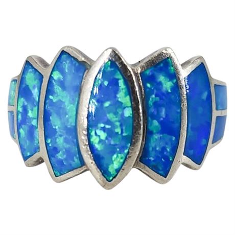 Sterling Silver Lab Created Blue Opal Inlay Ring, Sz 6.5