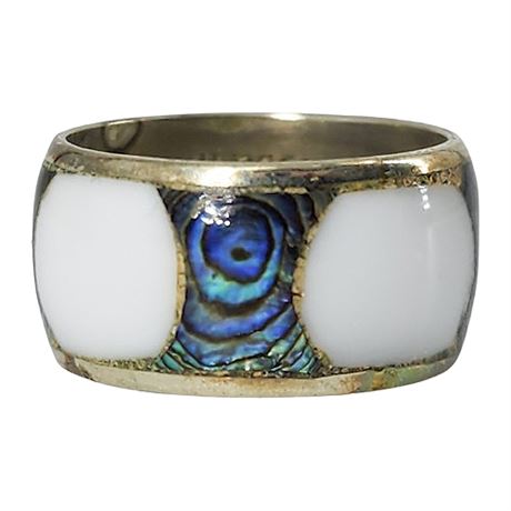 Vintage Alpaca Silver Abalone & Shell Ring, Sz 7