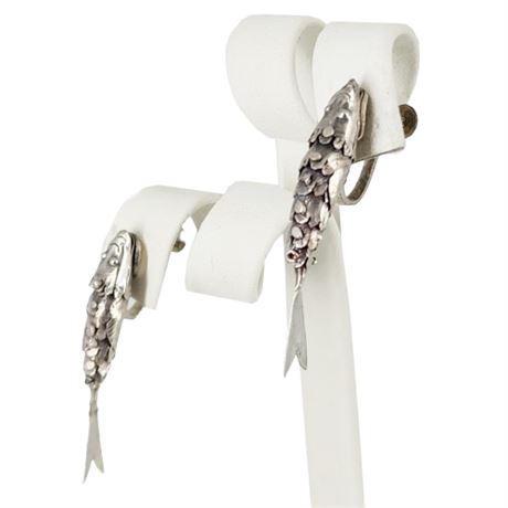 Vintage Mexico Silver Articulated Fish Screwback Earrings