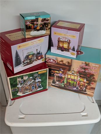 Lot Christmas Village Decor in Boxes in Storage Container
