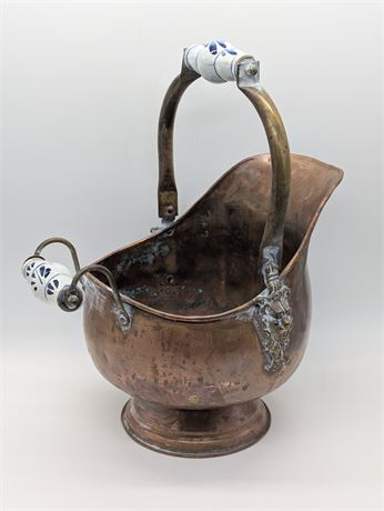 Large Copper Dutch Helmet Coal Ash Bucket Delft Blue Handles + Brass Lion Head