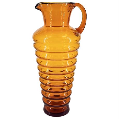 Vintage Amber Glass Ribbed 12 Inch Art Glass Pitcher