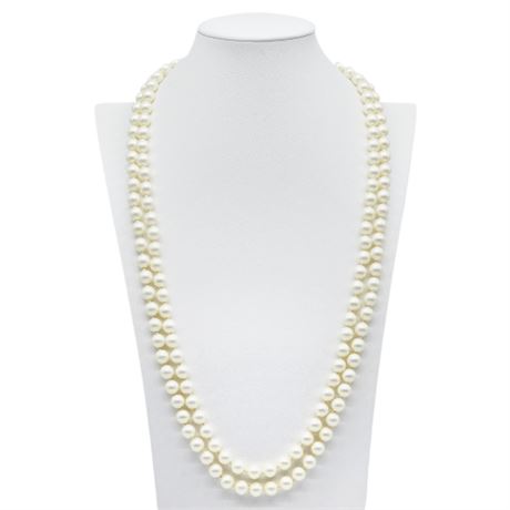 Vintage Double Strand 9mm Faux Pearl Necklace w/ Sterling Clasp