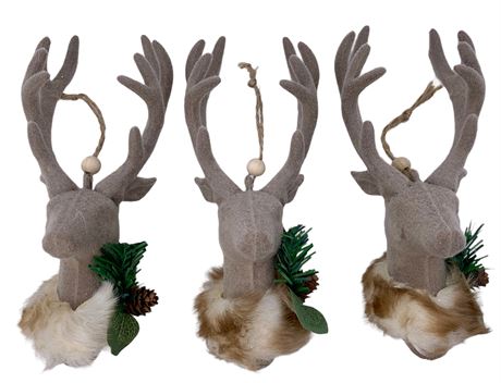 Trio of 7” Cocoa Velveteen Reindeer Holiday Ornaments