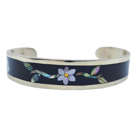 Mexican Made Inlaid Abalone Flower Cuff Bracelet