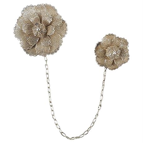 Vintage Silver Filigree Double Flower Brooch