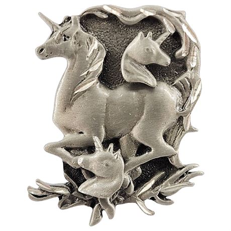 Vintage Pewter Unicorn Brooch & Attached Earrings Set