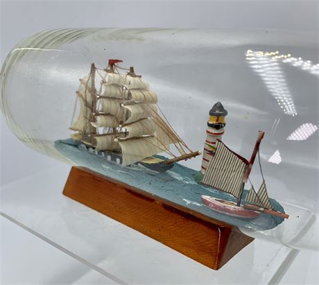 Vintage Large 11” Sailing Ship in a Bottle, Lighthouse Tall Ship Vignette