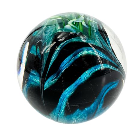 Vintage Blue & Green Feathered Art Glass Paperweight Signed