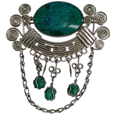 Artisan Wirework Pin with Green Stone Cabochon & Dangles