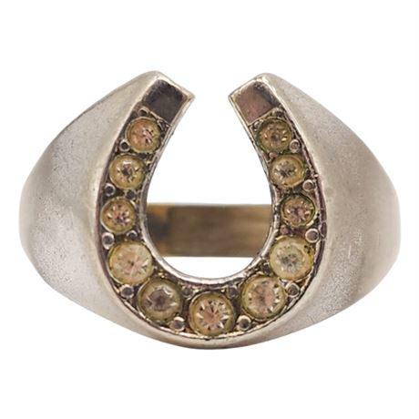 Vintage Silver Tone Rhinestone Horseshoe Ring, Sz 12