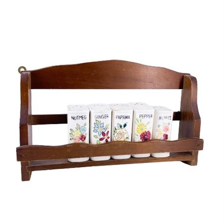 Wooden Spice Rack with Ceramic Jars