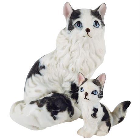 Vintage Japanese Bone China Miniature White & Black Cat & Kitten Figurines