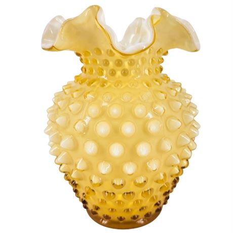 Vintage Fenton Honey Amber Hobnail Overlay Cased Art Glass Vase