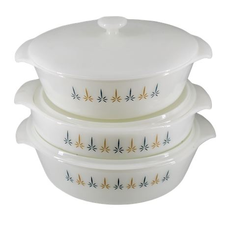 Anchor Hocking Fire King Milk Glass, Atomic Star Lidded Round Casserole Dishes