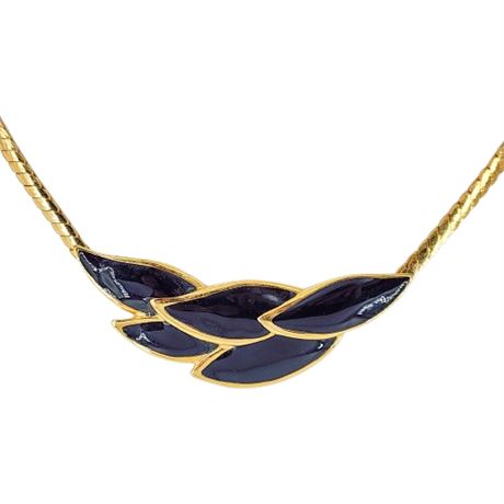 Signed Vintage NAPIER Gold Tone Black Enamel Feather Necklace
