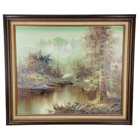 Vintage Framed Signed Oil Painting Mountain/River Landscape
