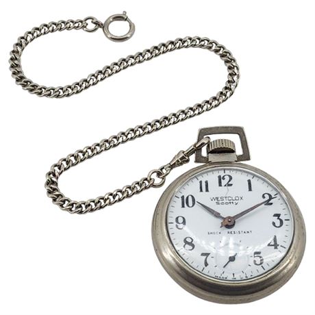 Vtg WESTCLOX Scotty Pocket Watch & Chain, Running, Flawed