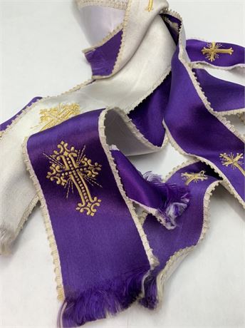 5 Vintage Catholic Cross Embroidered Violet & Cream Silk Lent Drape, Mass Ribbon