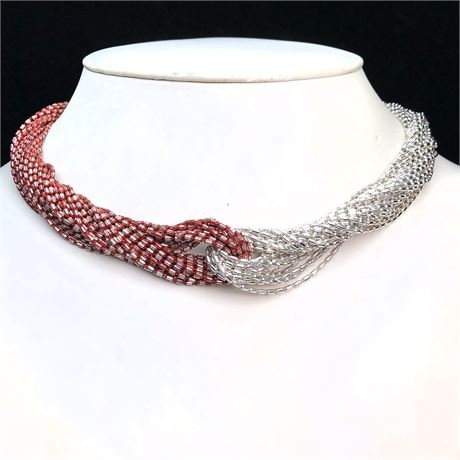 Designer Liquid Glass Red & Silver Beaded Two Tone Multi-Strand Twist Necklace