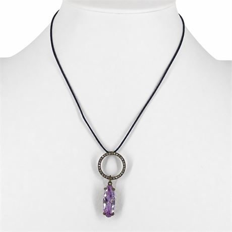 Purple Crystal Drop Pendant Necklace on Black Cord