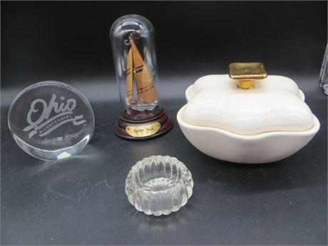 Ohio Bicentennial Paper Weight, Racing Yacht, Trinket Box & Small Glass Bowl