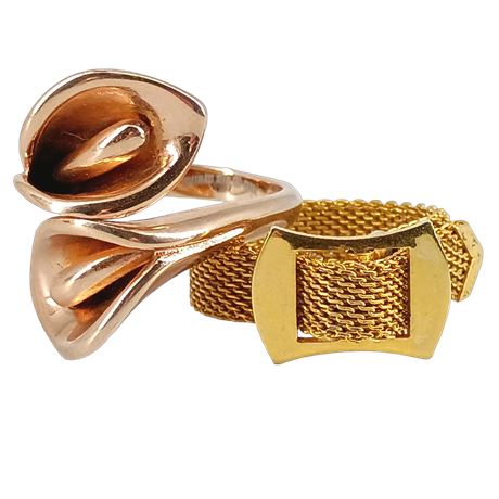 Size 7.5 Rings, Calla Lily and Mesh Buckle Designs, Statement, Lot of 2