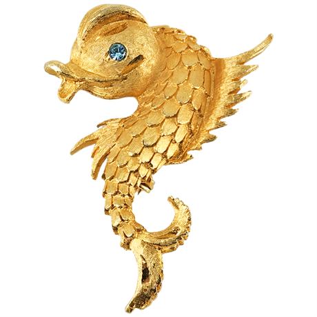 Vintage Dolphin Fish Rhinestone Eye Brooch