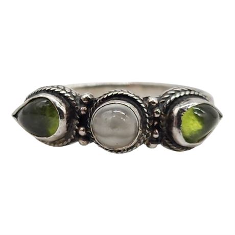 Signed Sterling Silver Moonstone & Green Tourmaline Ring, Sz 5.75