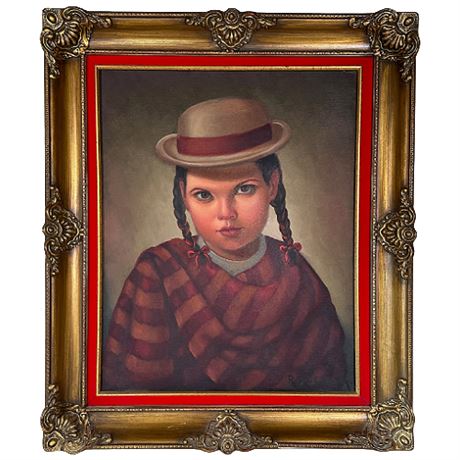 Signed Rod Quesada Oil on Canvas Portrait of Girl in Hat