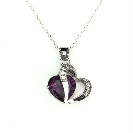 Vintage Sterling Silver Purple Crystal Heart Pendant Necklace
