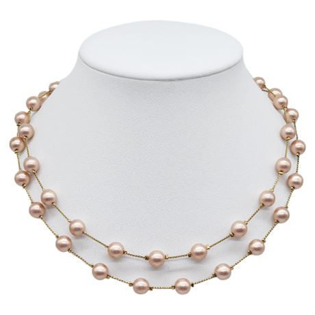 Vintage MONET 2-Strand Gold Tone Pink Faux Pearl Satellite Necklace