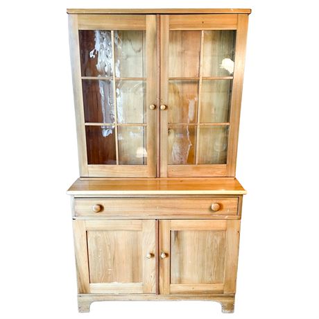 Vintage Light Wood & Glass Door Kitchen Hutch