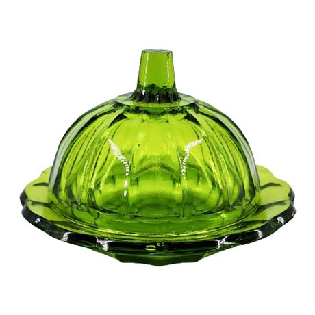 Vintage Green Glass Round Covered Butter Dish