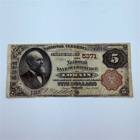 1882 $5 Brown Back Lorain Ohio National Currency Note