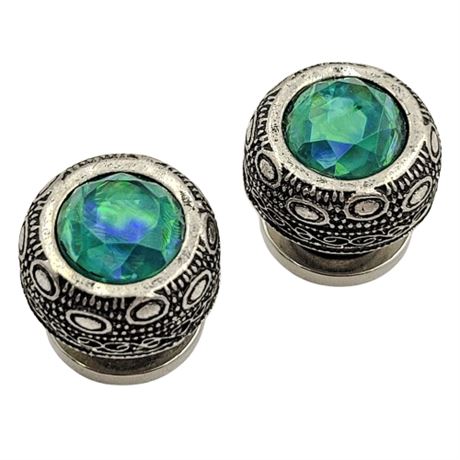Silver Tone and Green Stone Ear Gauges
