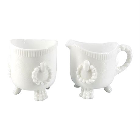 Imperial Glass Clawfoot Cauldron Milk Glass Cream & Sugar Set