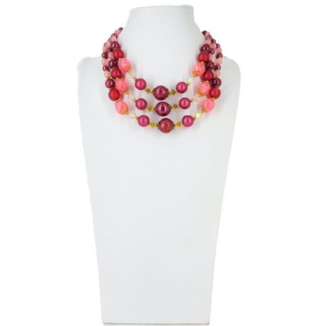 Vintage Triple Strand Pink and Red Beaded Necklace