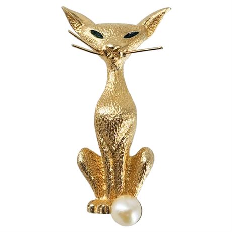 Signed Vintage BOUCHER Siamese Cat Genuine Pearl Brooch