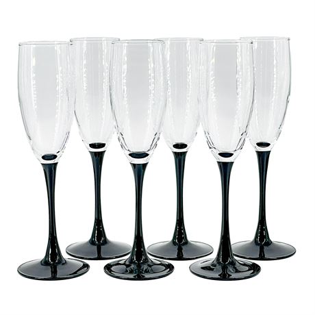 Set of 6 Vintage Black Glass Stemmed Champagne Flutes