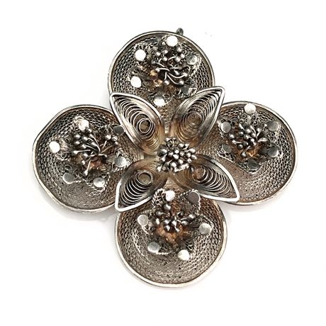 Vintage Sterling Silver Filigree Layered Flower Pendant
