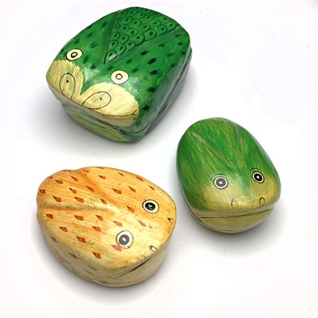 (3) Vintage India Paper Mache Painted Frog Trinket Boxes