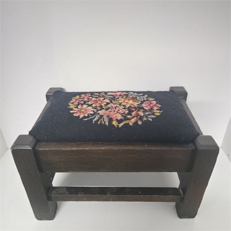Antique Wood Footstool with Needlework