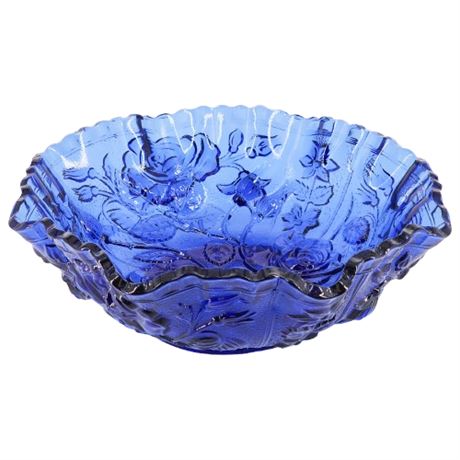 Vintage IMPERIAL GLASS Cobalt Blue Roses Double Crimped Bowl