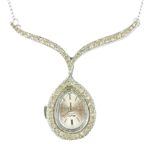 Vintage Wyler Teardrop Pendant Watch Necklace with Rhinestone Halo, Swiss
