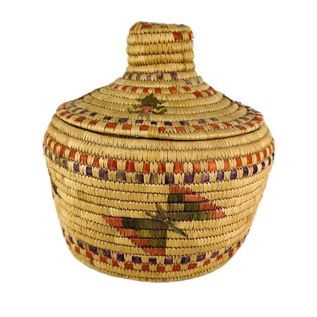 Vintage Native American Eskimo Coiled Basket with Lid Insect Motif