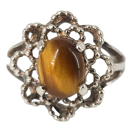 Vintage Sterling Silver Tiger's Eye Flower Ring, Sz 5