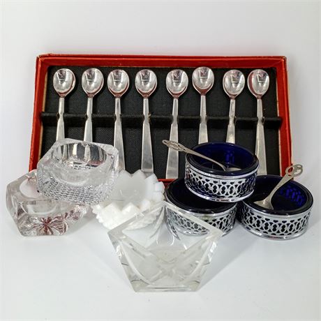 Vintage Silverplate Salt Cellar Set with Cobalt Glass Inserts & Boxed Salt Spoon