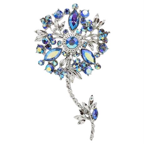 Large Vintage Aurora Borealis Rhinestone Flower Brooch