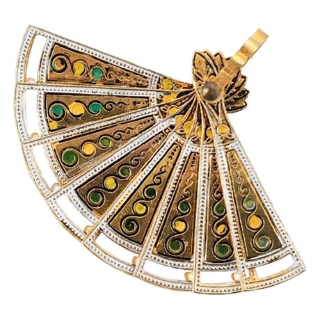 Vtg Spanish Damascene Articulated Fan Brooch